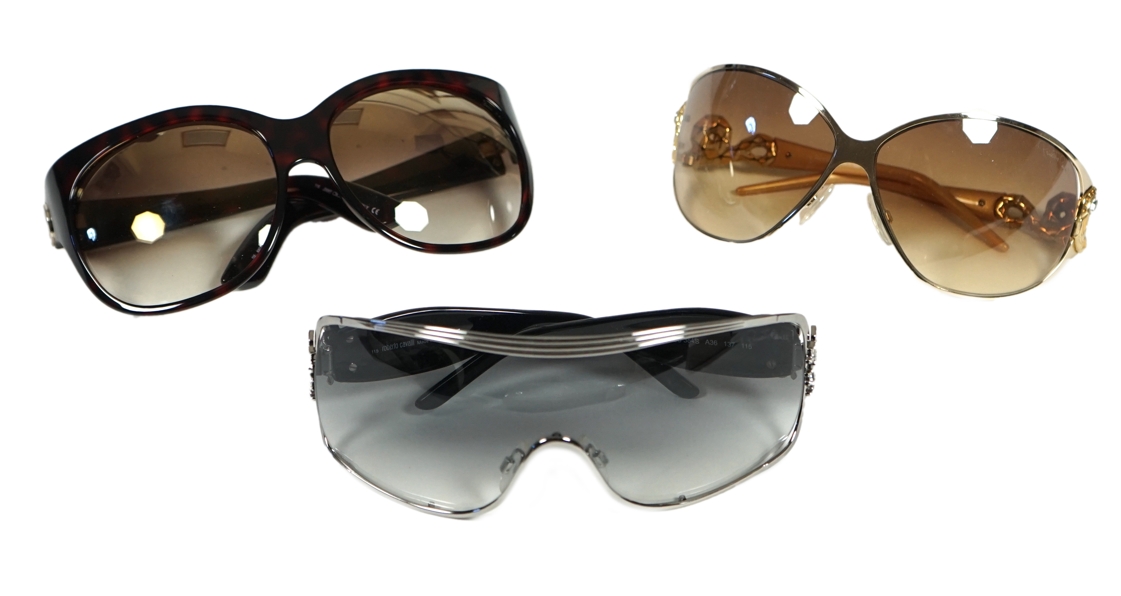 Two pairs of Roberto Cavalli and one pair of Jimmy Choo lady's sunglasses